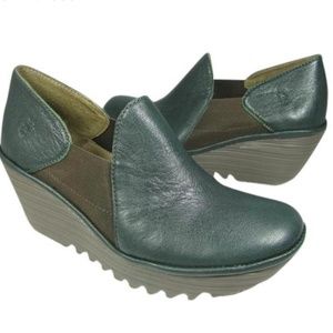 Fly London Forest Green 'Yua' Platform Leather Pump Wedges